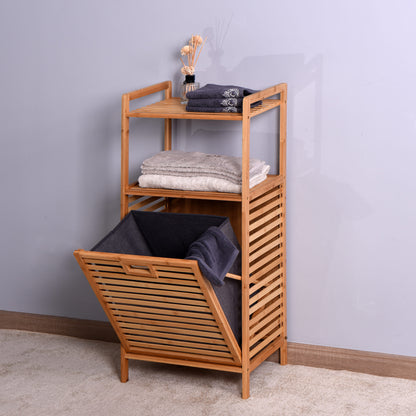 Natural Wooden Organizer  Bamboo Laundry Storage Basket with 2 Tier Shelf_0
