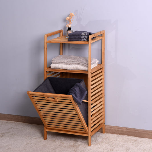 Natural Wooden Organizer  Bamboo Laundry Storage Basket with 2 Tier Shelf_0