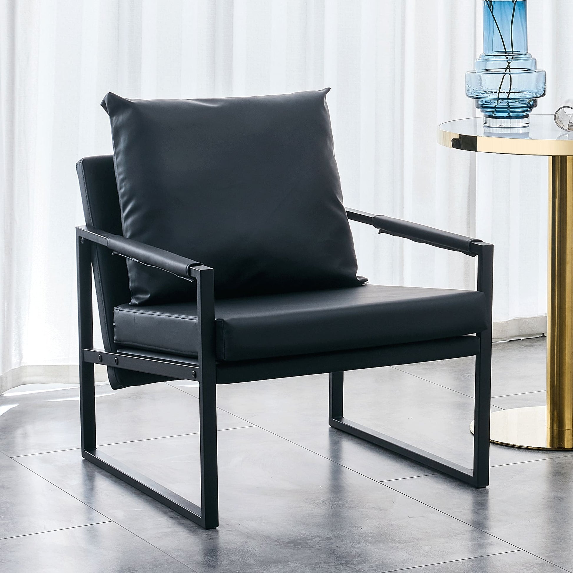 PU Leather Heavily Padded Backrest and Seat Cushion Accent Chair - Black_0