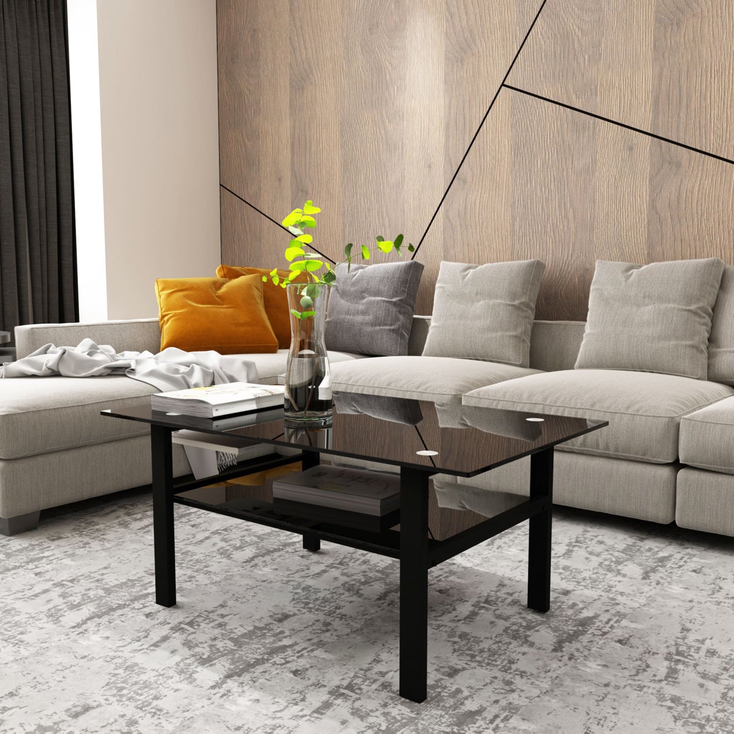 Double Layer Living Room Glass Coffee Table with Metal Legs- Black+Black_0