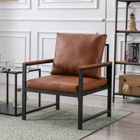 Single Sofa Faux Leather Accent Chair with Black Powder Coated Metal Legs- Orange_0