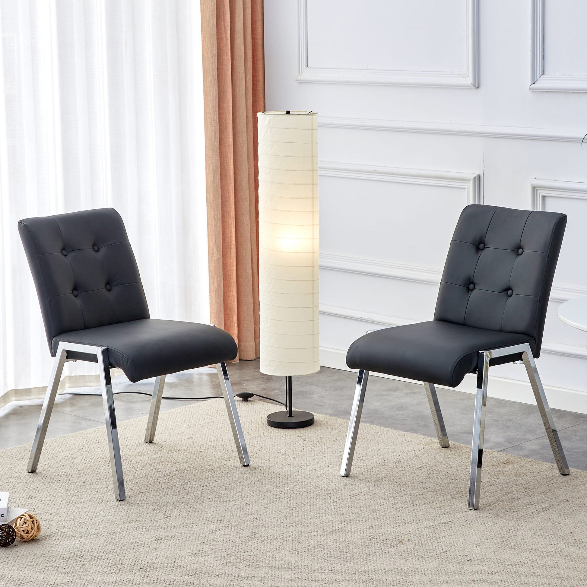 2 pcs Grid Armless Faux Leather High Back Upholstered Padded Dining Chairs- Black_0