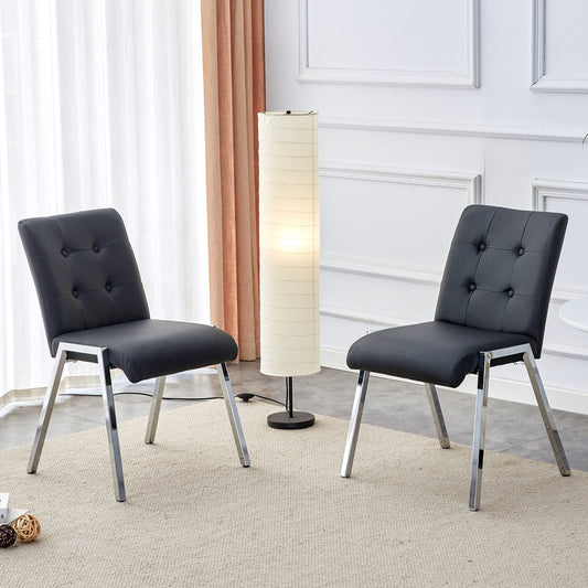 2 pcs Grid Armless Faux Leather High Back Upholstered Padded Dining Chairs- Black_0