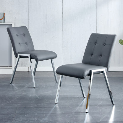 2 pcs Grid Armless Faux Leather High Back Upholstered Padded Dining Chairs- Grey_0