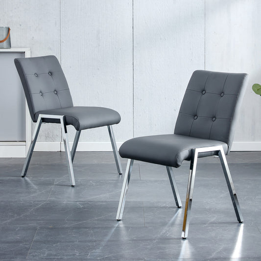 2 pcs Grid Armless Faux Leather High Back Upholstered Padded Dining Chairs- Grey_0