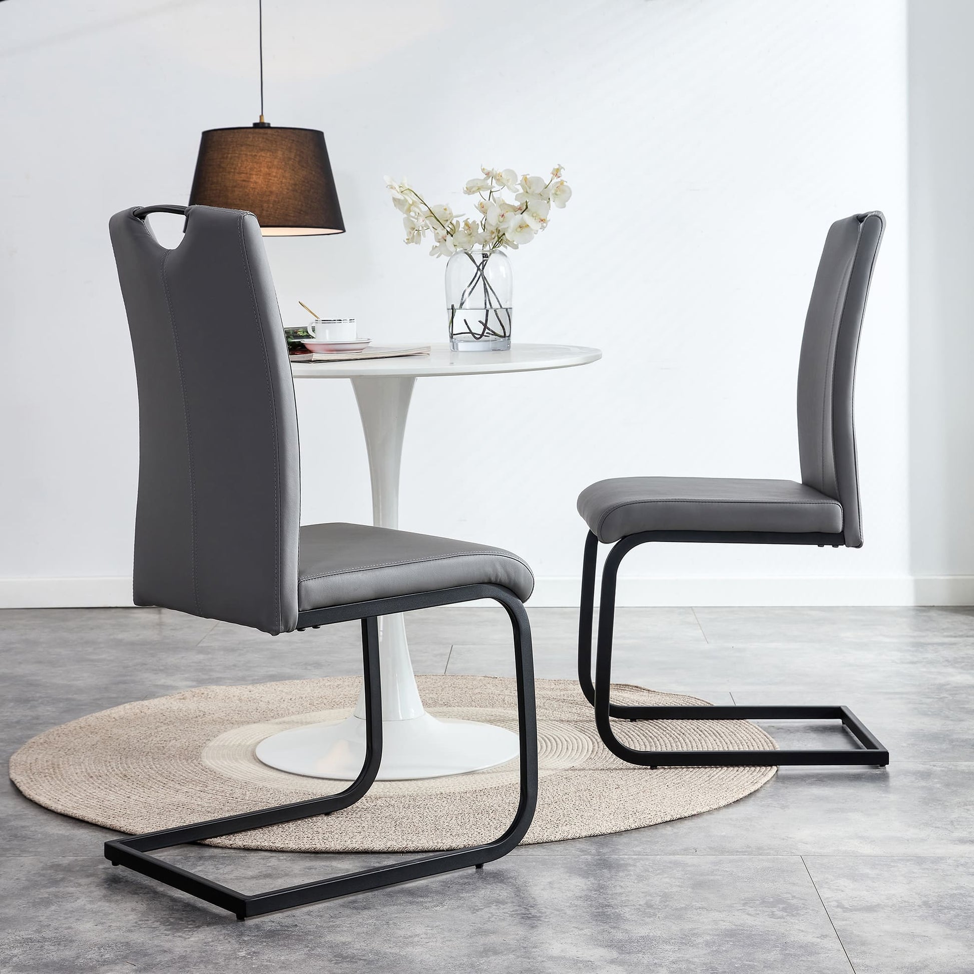 2 pcs Modern Design Dining Kitchen Chair PU Leather with Metal Legs- Grey_0