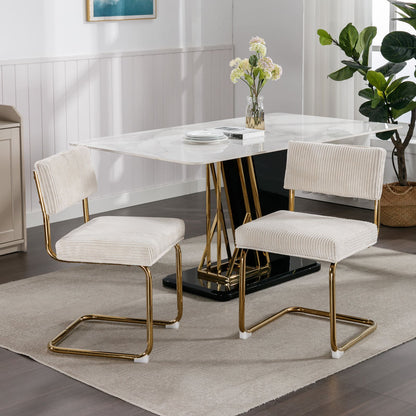Set of 2 Modern Dining Chairs in Corduroy Fabric with Gold Metal Base- Beige_1