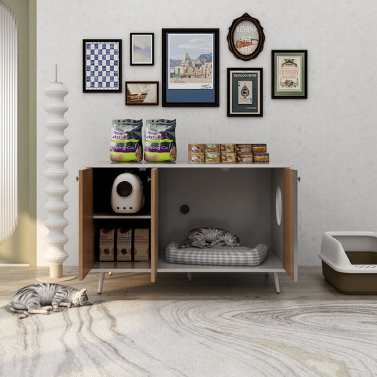 3 Door Hidden Cat Enclosure Box Furniture Side Table with Hidden Plug- White+Walnut_0