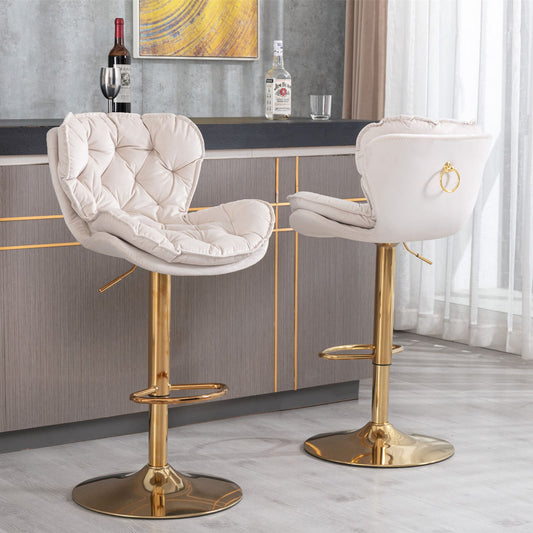 Swivel Bar Stools Set of 2 Counter Height Adjustable Velvet Upholstery- Beige_0