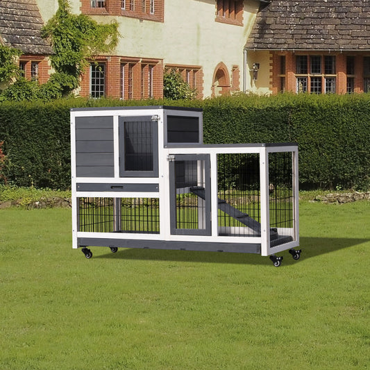 2 Storey Design Easy Access Modern Animal Crate Pet Hutch with Ramp and Wheels- Gray_0