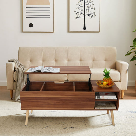 Lifting Top Living Room Coffee Table and Hidden Storage Cabinet- Brown+Beige_0