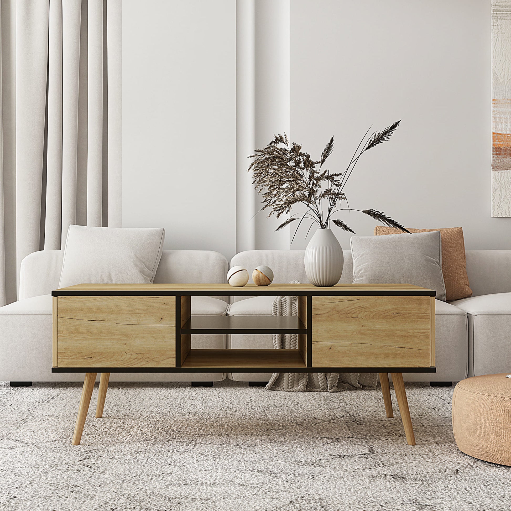 Coffee Table with Solid Wood Legs Support and Big Storage Space- Black+Brown_0