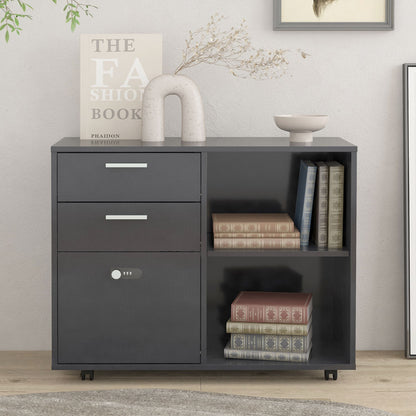 Small Rolling Portable Wooden Drawer File Cabinet with Safety Lock- Dark Gray_0
