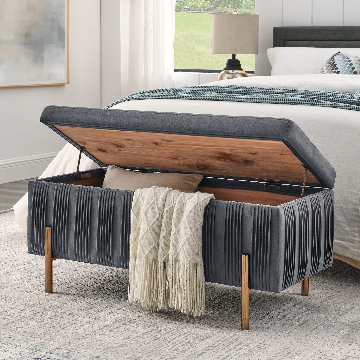Elegant Upholstered Velvet Storage Bench with Cylindrical Arms and Iron Legs- Grey_1