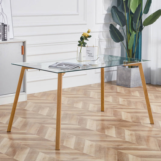 4-6 Seater Minimalist Rectangular Tempered Glass Dining Table with Brown Metal Legs_0