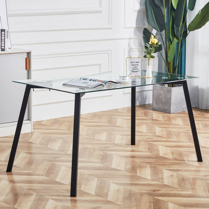 Modern Minimalist Rectangular Tempered Glass Dining Table with Black Metal Legs_0