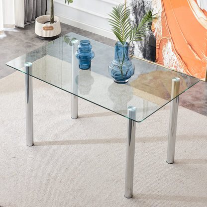 Modern Minimalist Rectangular Tempered Glass Desktop with Silver Metal Legs_0