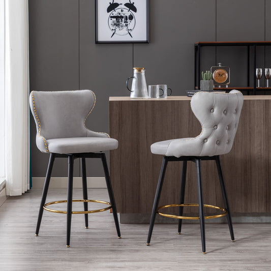 2pcs Gold Accent Bar Stools Tufted Fabric Upholstery with Nailhead Lining and Metal Legs- Light Gray_0