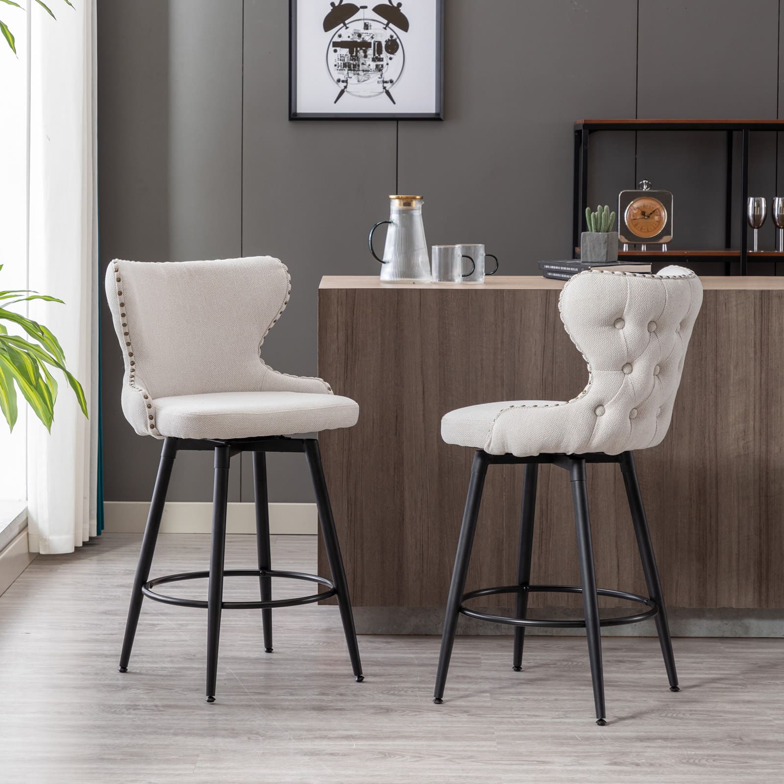 2pcs Gold Accent Bar Stools Tufted Fabric Upholstery with Nailhead and Black Legs- Beige_0