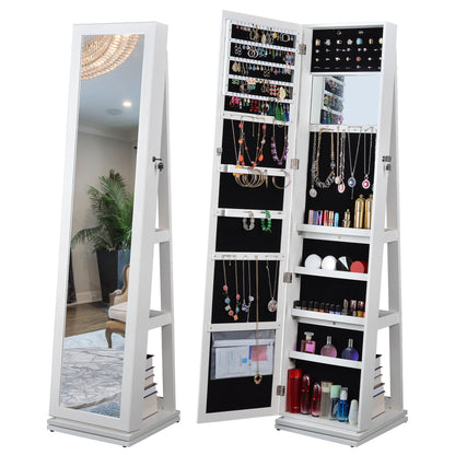 360° Swivel Full-Length Mirror and Lockable Jewelry Cabinet Organizer- White_0