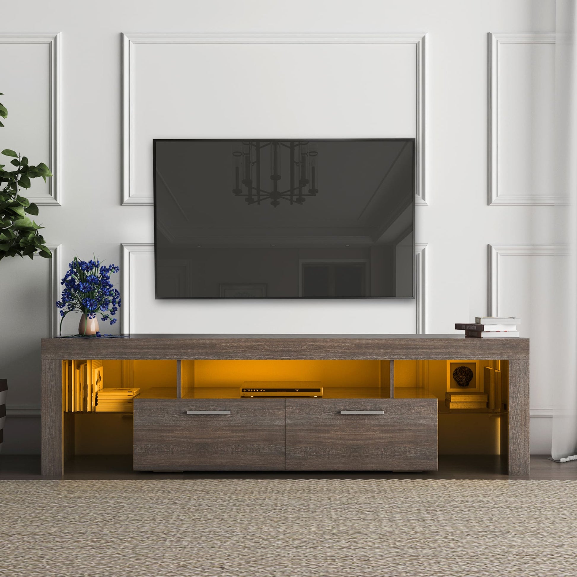 Quick Assembly Modern Television Stand with 16 Colors Remote Controlled LED Light- Brown_1