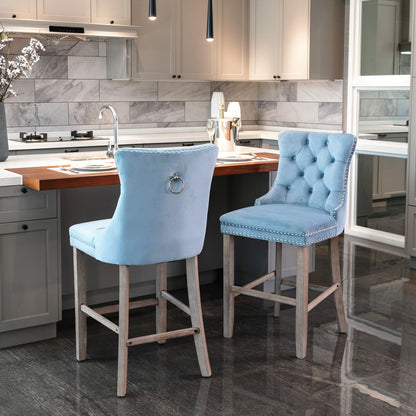 2 pcs High-End Chrome Detailed Tufted Contemporary Velvet Bar Stool with Wooden Legs- Light Blue, Brown_0