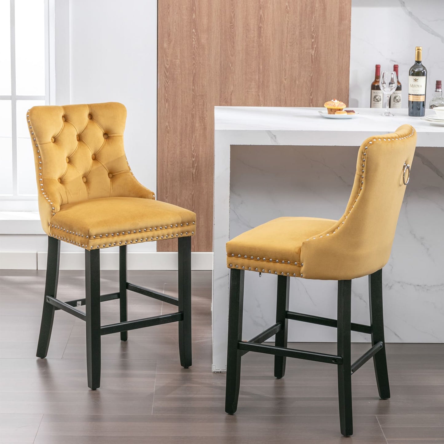2 pcs High-End Chrome Detailed Tufted Contemporary Velvet Bar Stool with Wooden Legs- Gold, Black_0