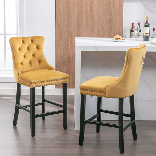 2 pcs High-End Chrome Detailed Tufted Contemporary Velvet Bar Stool with Wooden Legs- Gold, Black_0