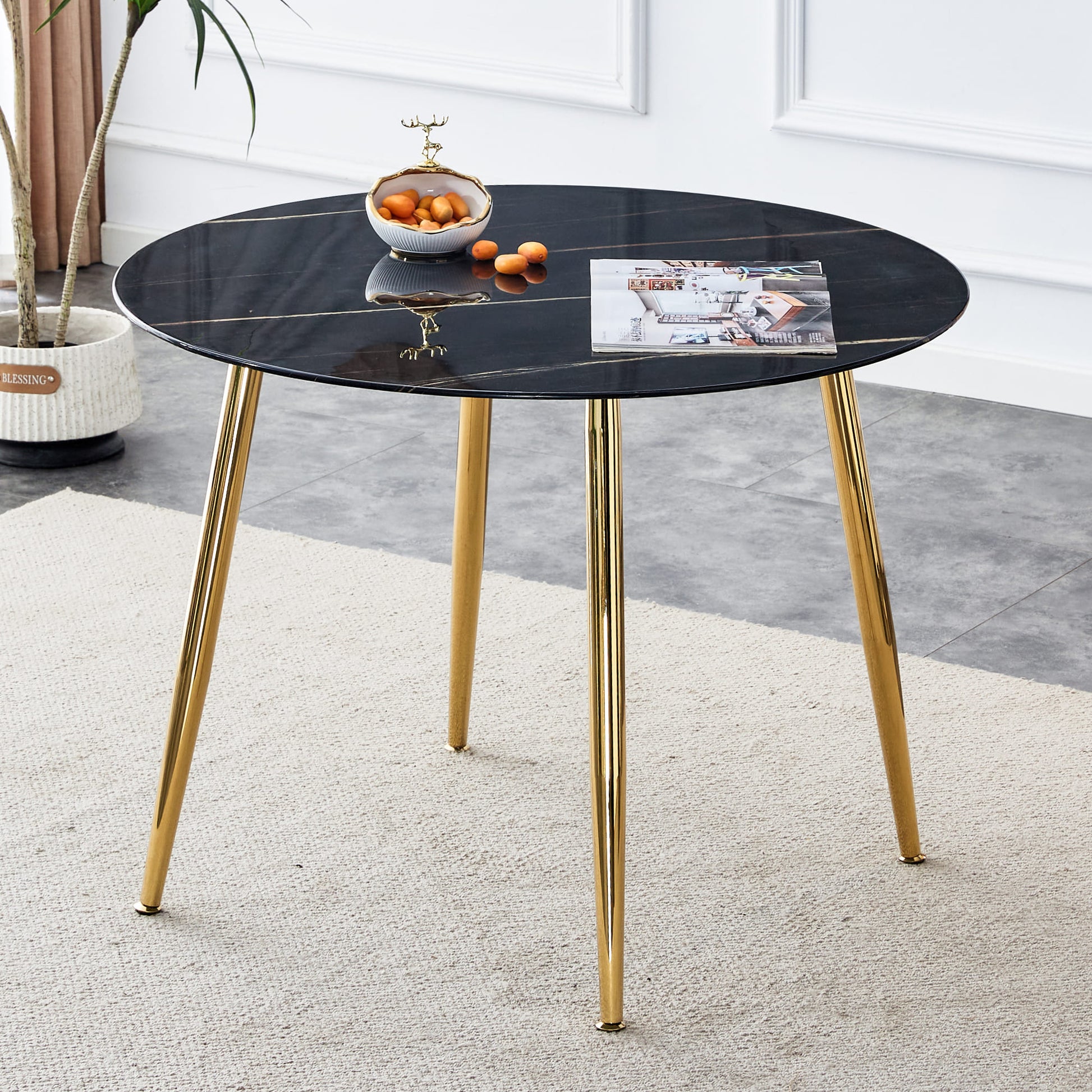 40 inches Modern Minimalist Round Black Marbled Glass Coffee Table with Gold Metal Legs_14