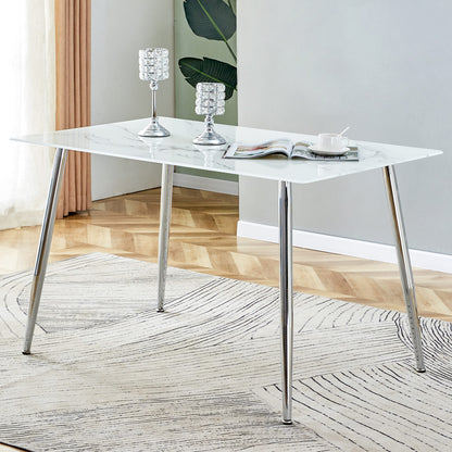 Modern Minimalist Rectangular White Marbled Tempered Glass Desktop with Silver Metal Legs_0