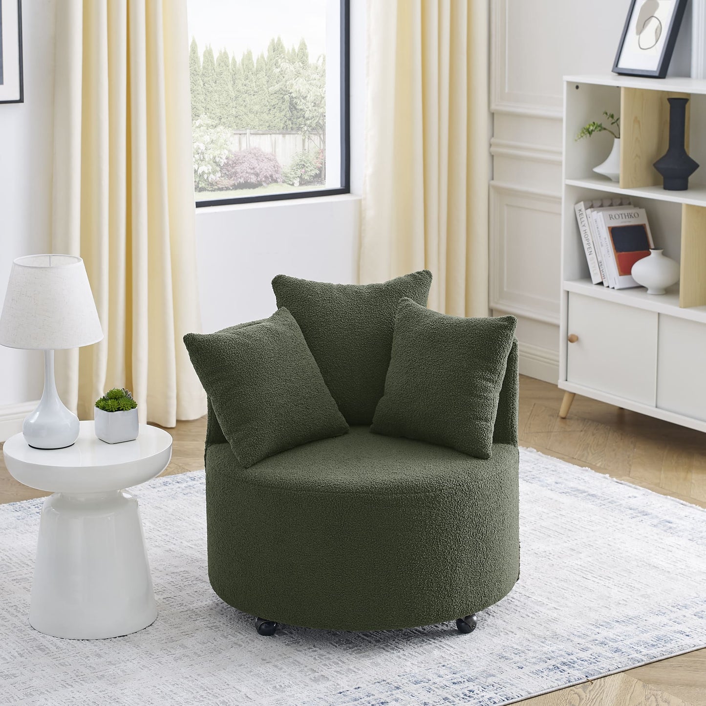 360° Swivel Barrel Chair Teddy Fabric Accent Sofa Chair with 3 Pillows- Green_1