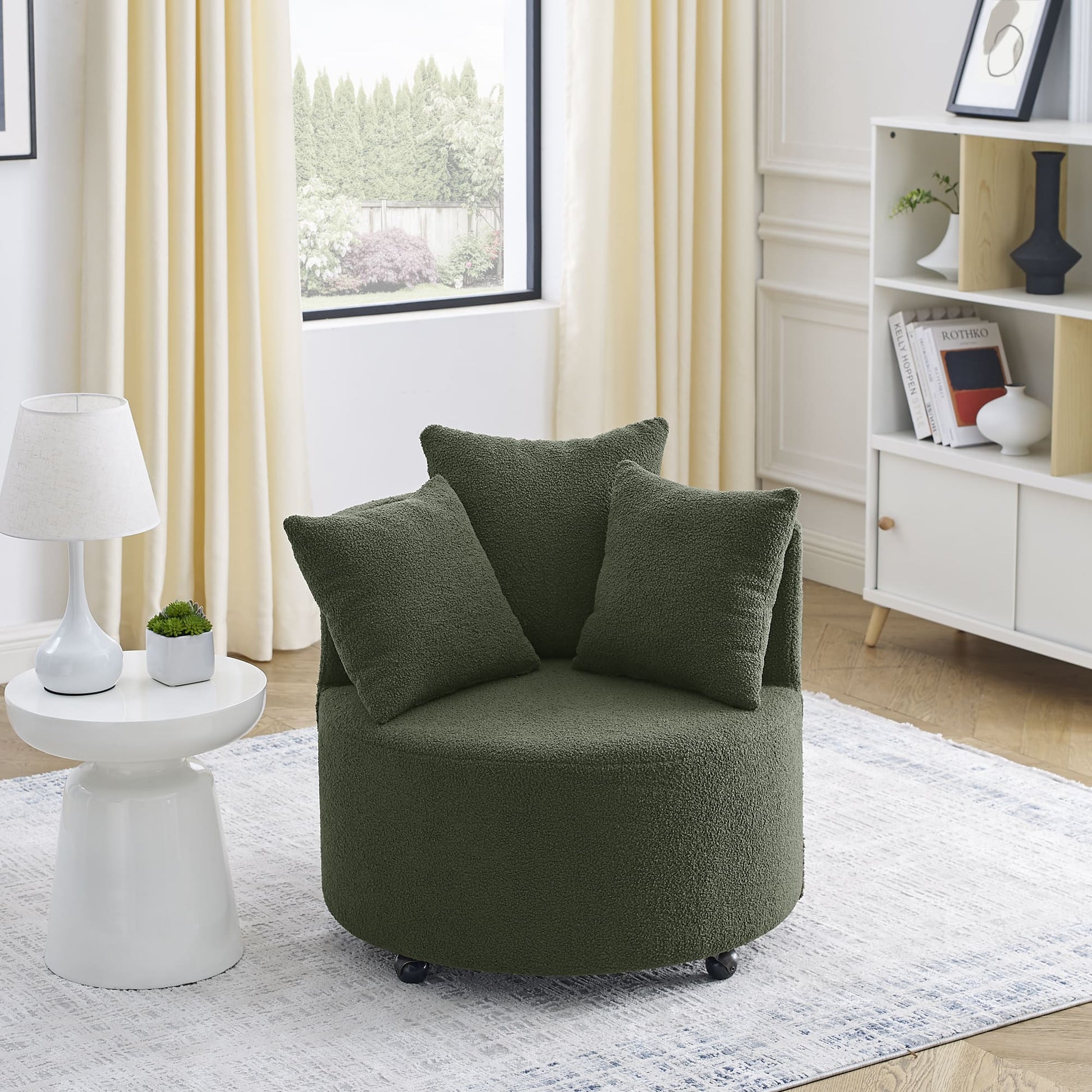 360° Swivel Barrel Chair Teddy Fabric Accent Sofa Chair with 3 Pillows- Green_1