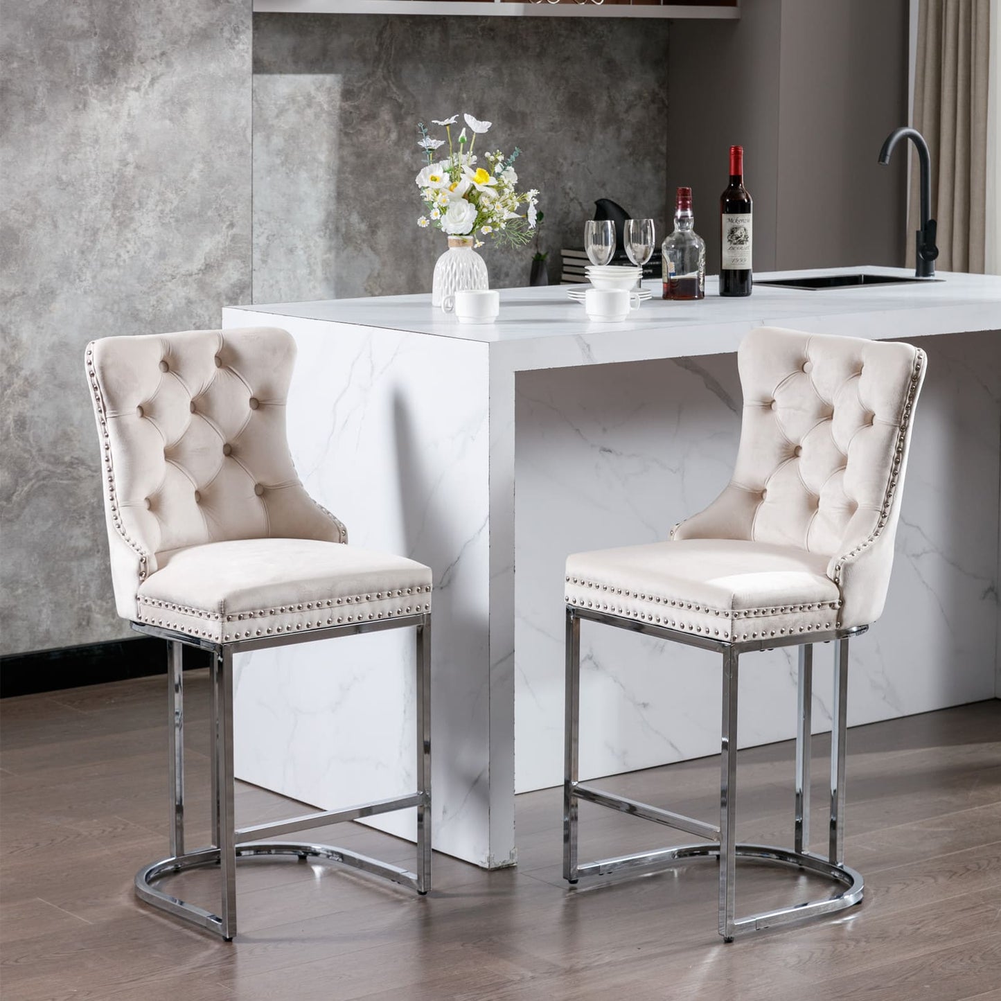 Set of 2 Upholstered Tufted Velvet Armless Bar Stools with Chrome Base Legs- Beige_1