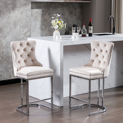 Set of 2 Upholstered Tufted Velvet Armless Bar Stools with Chrome Base Legs- Beige_1