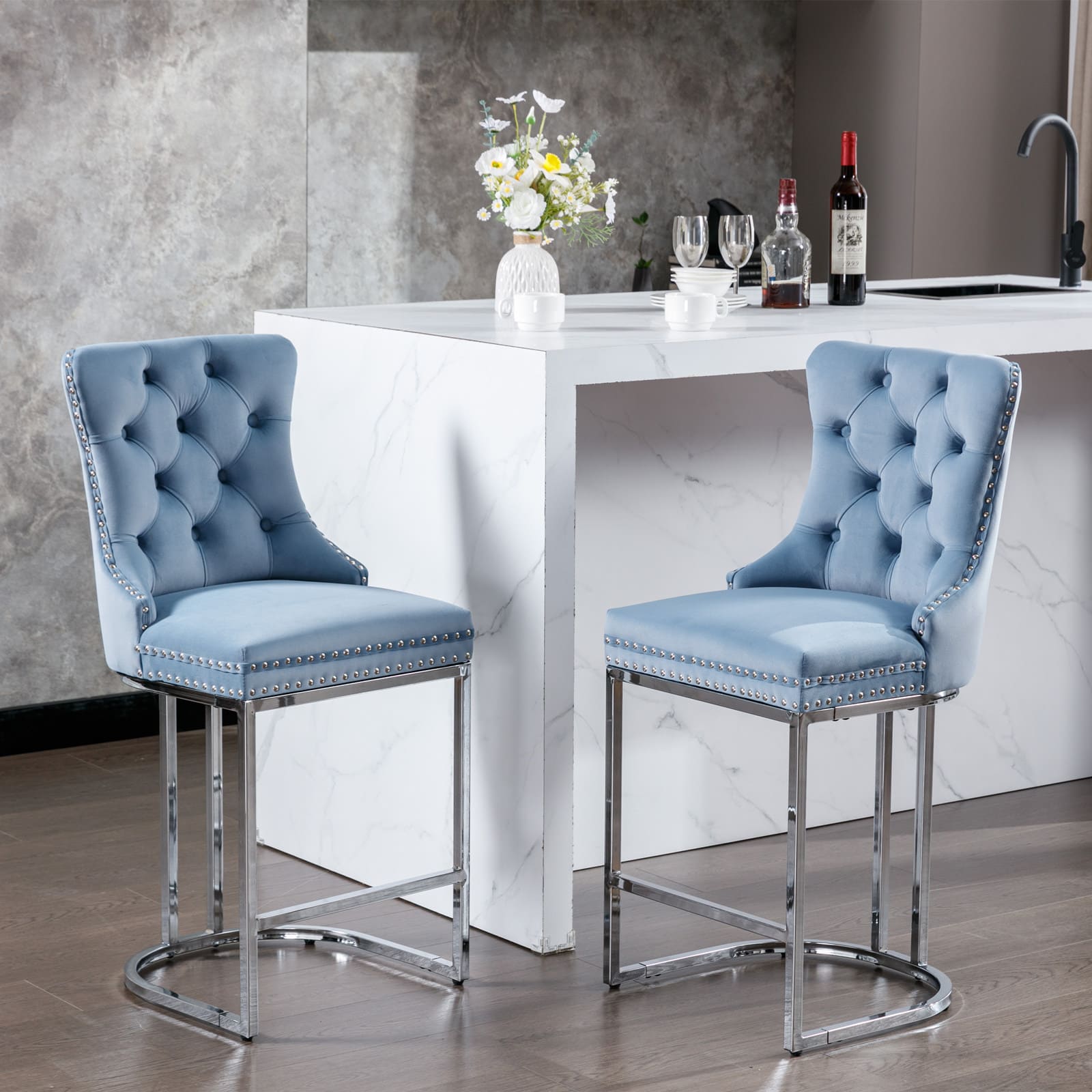 Set of 2 Upholstered Tufted Velvet Armless Bar Stools with Chrome Base Legs- Light Blue_1