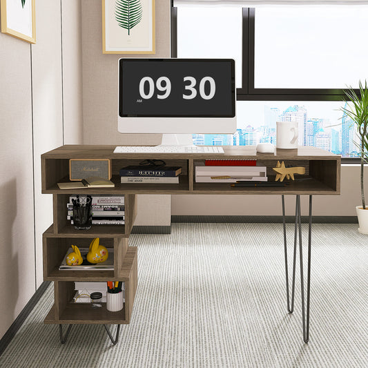 Geometry Office Computer Desk with 2 Drawers & V-Shaped Iron Legs- Brown_0