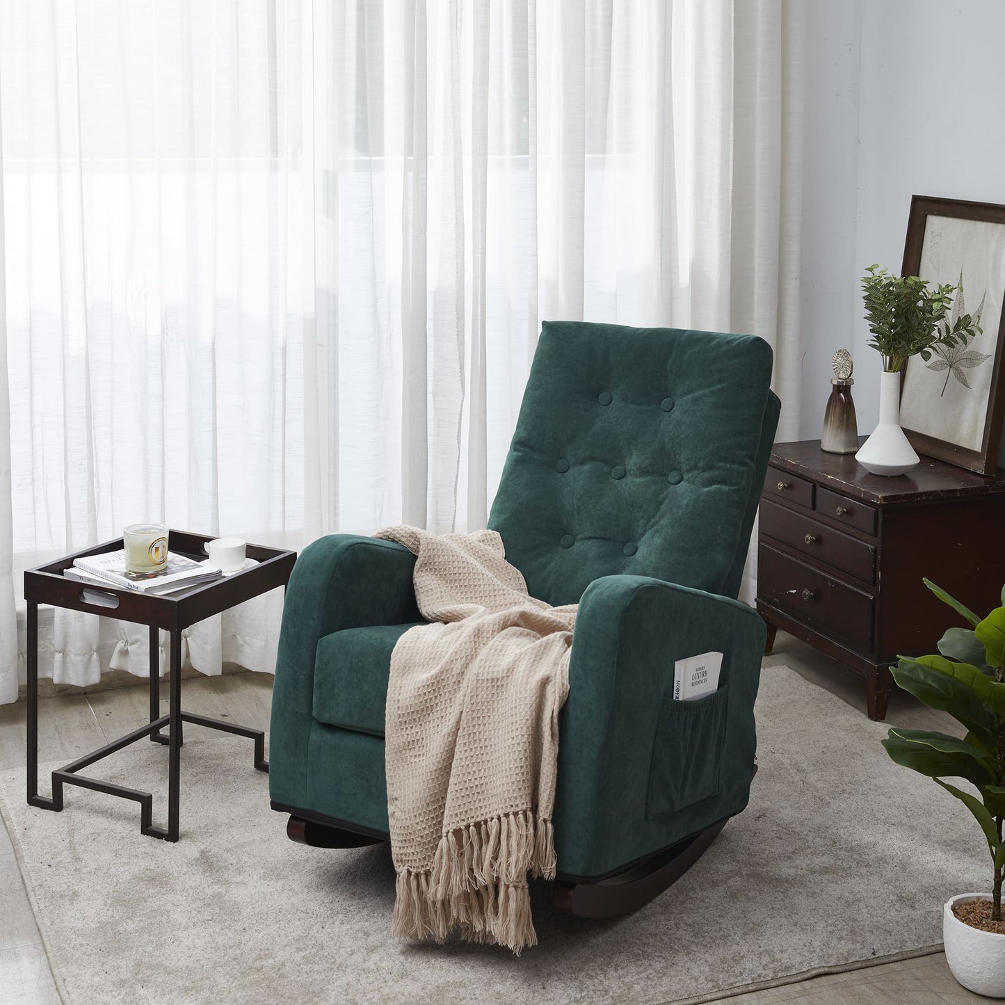 Living Room Chair Lazy Recliner Comfortable Fabric High Back Armchair- Antique Green_0