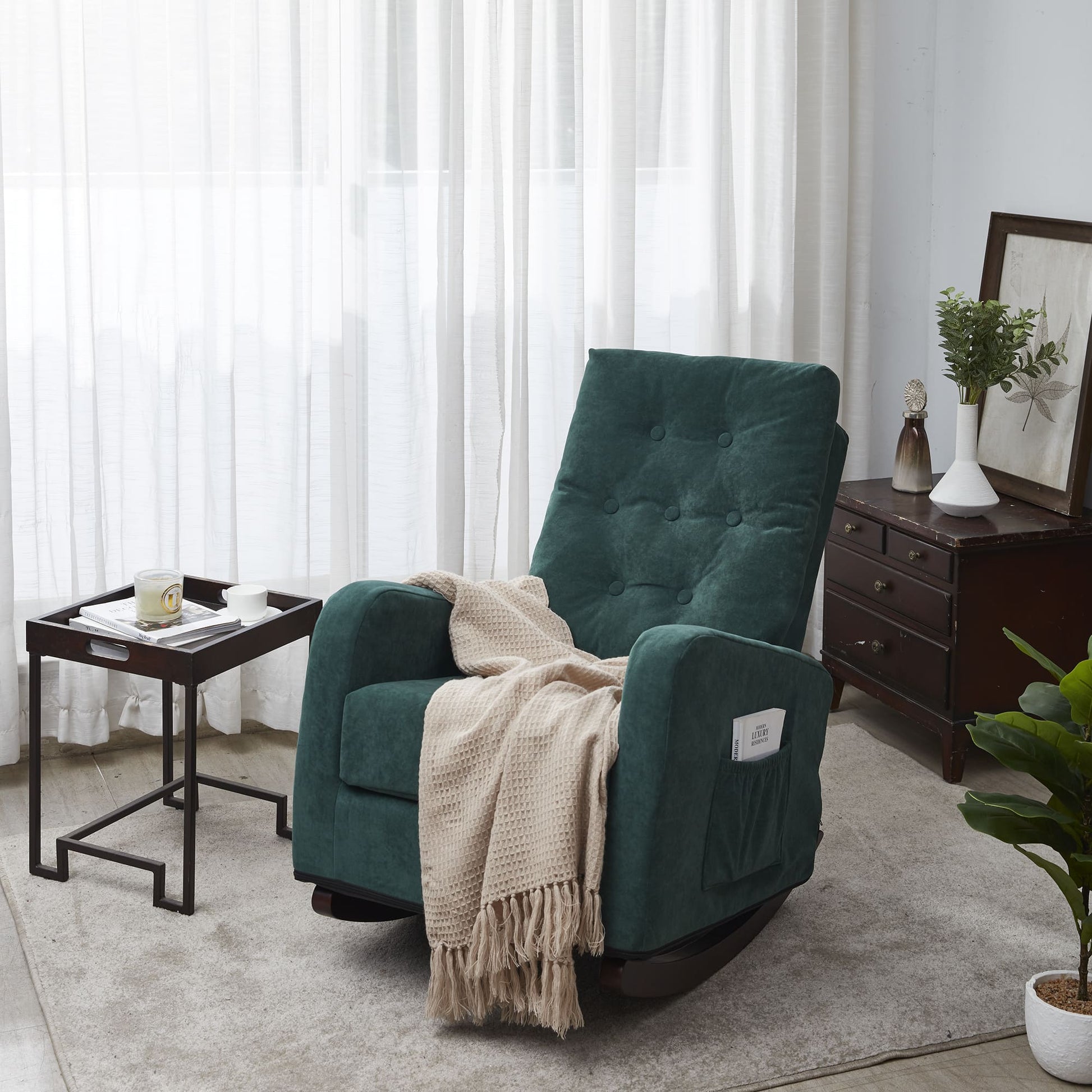 Living Room Chair Lazy Recliner Comfortable Fabric High Back Armchair- Antique Green_0