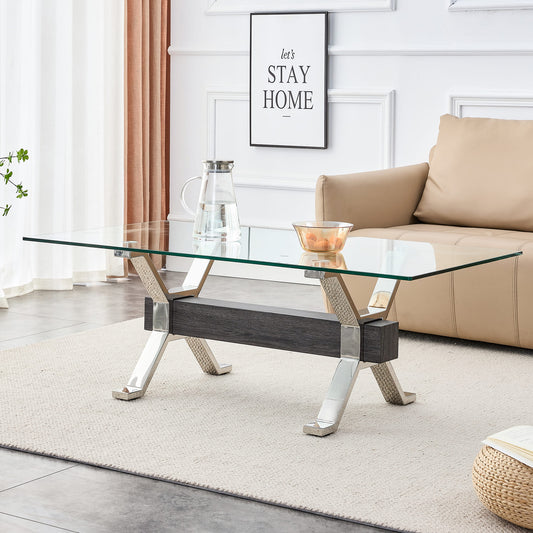 Contemporary Tempered Glass Coffee Table with Plated Metal Legs and MDF Crossbar_0