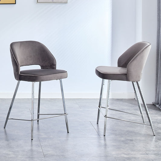 Set of 2 Velvet Dining Barstools with Anti Slip Metal Framed Legs- Gray_0