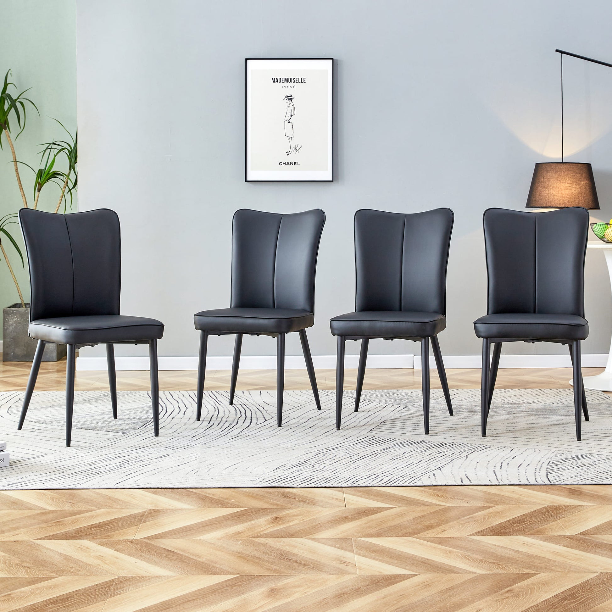 4 Pcs Faux Leather Upholstered Curved Back Dining Chairs with Metal Base- Black, Black_2