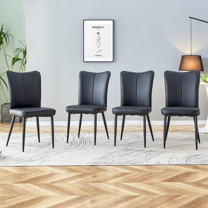 4 Pcs Faux Leather Upholstered Curved Back Dining Chairs with Metal Base- Black, Black_2