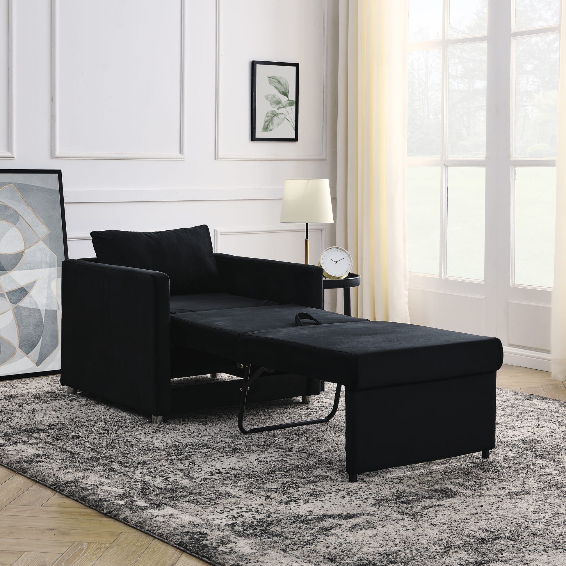 2-in-1 Convertible Sofa Chair Bed Space Saving Lounger Sleeper Chair- Black_0