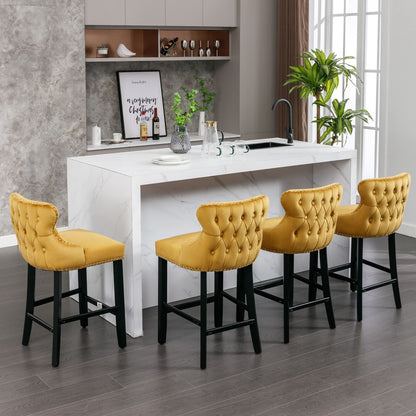 2pcs Chrome Accent Wingback Bar Stools Tufted Velvet with Nailhead and Black Legs- Gold, Black_0