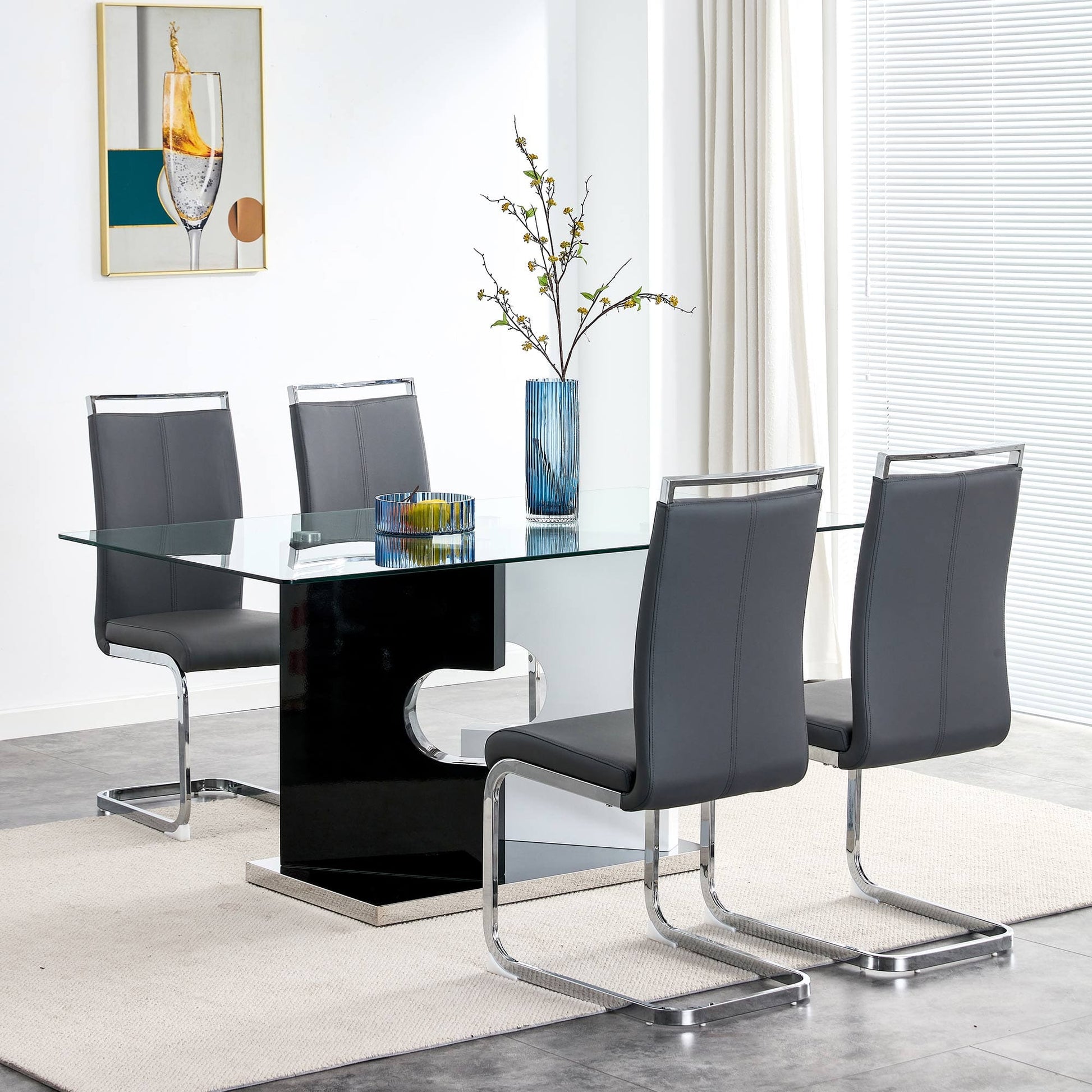 6-8  Large Modern Minimalist Rectangular Glass Dining Table with Special-Shaped Bracket_3