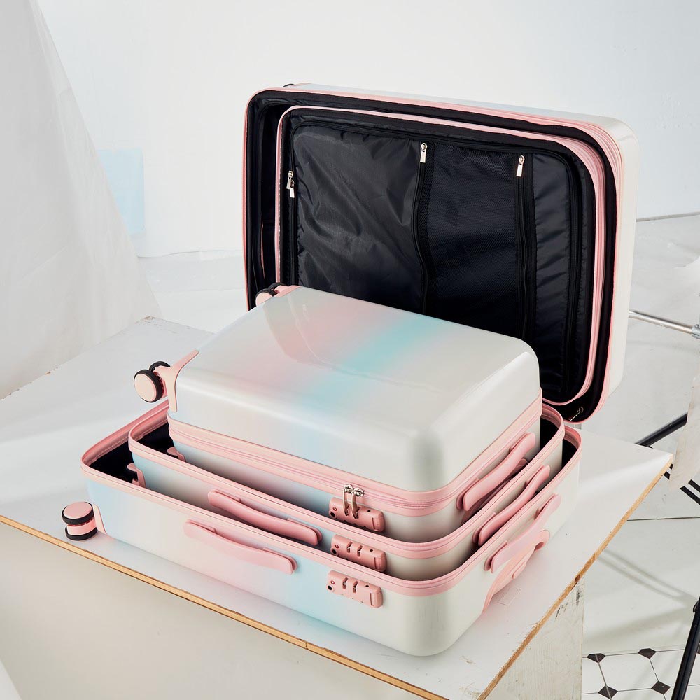 3 Piece Lightweight Hard-shell PC Luggage Sets double spinner 8 wheels Suitcase with TSA Lock - Rainbow White_13