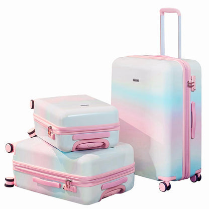 3 Piece Lightweight Hard-shell PC Luggage Sets double spinner 8 wheels Suitcase with TSA Lock - Rainbow White_1
