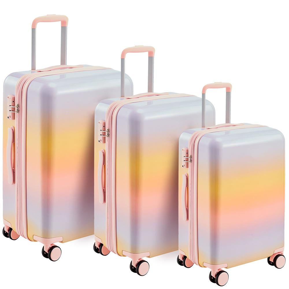 3 Piece Lightweight Hard-shell PC Luggage Sets double spinner 8 wheels Suitcase with TSA Lock - Rainbow Purple_0