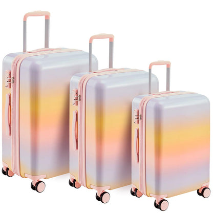 3 Piece Lightweight Hard-shell PC Luggage Sets double spinner 8 wheels Suitcase with TSA Lock - Rainbow Purple_0