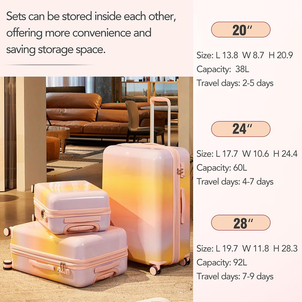 3 Piece Lightweight Hard-shell PC Luggage Sets double spinner 8 wheels Suitcase with TSA Lock - Rainbow Purple_10